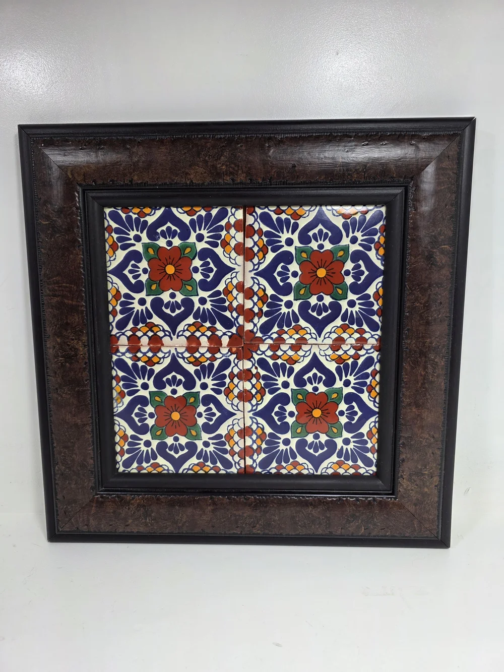 Handcrafted Colorful Floral Tile Wall Art - Brown Frame